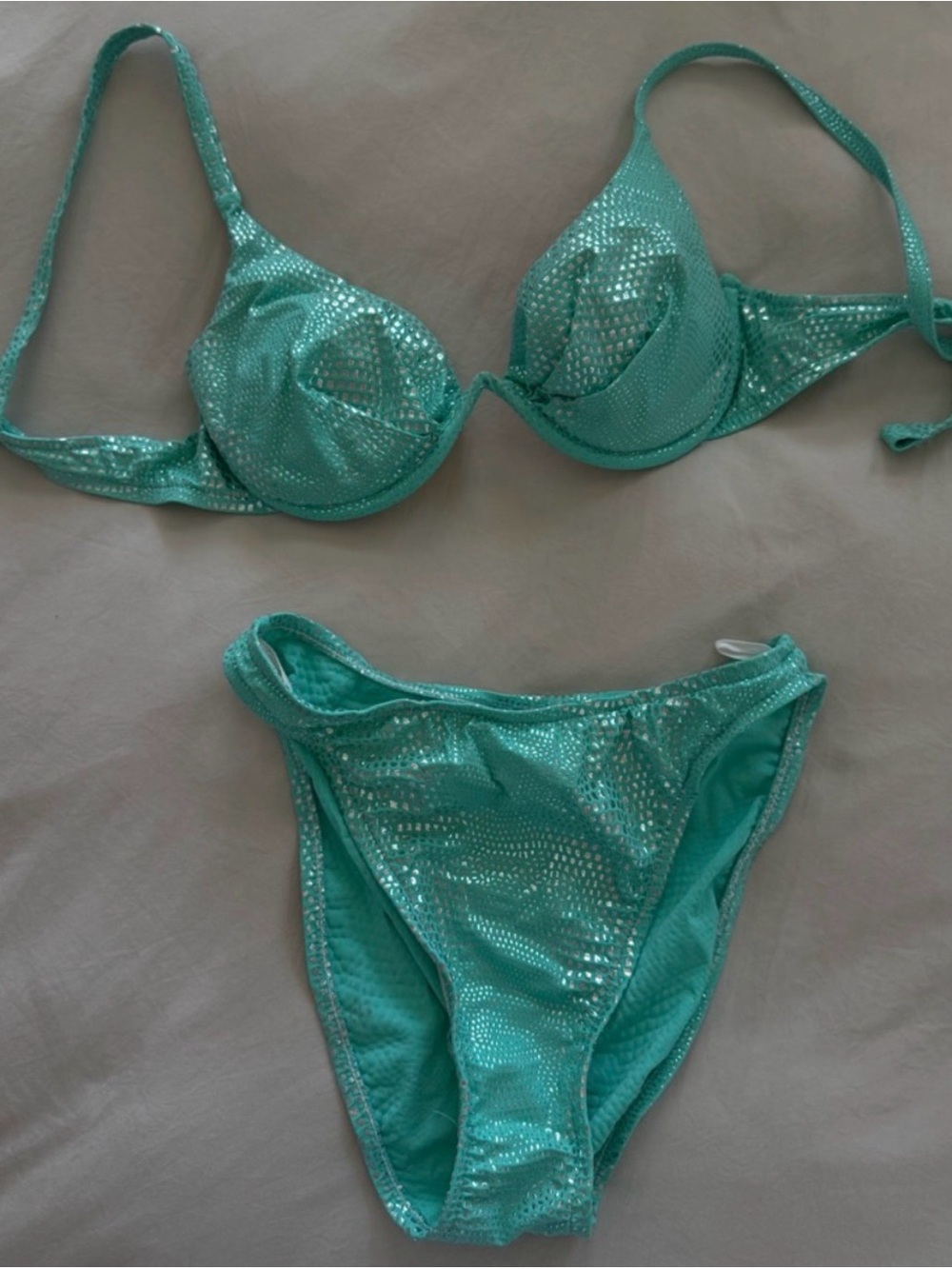Vintage 90s Too Hot Brazil Shimmering Turquoise Underwire Pin Up Bikini Set